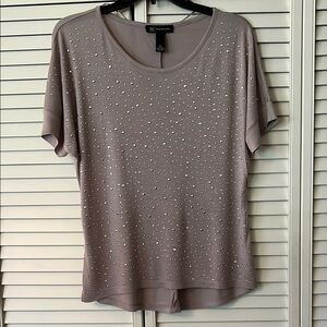 INC International Concepts Taupe Short Sleeve Tee With Silver Embellishments. Xs